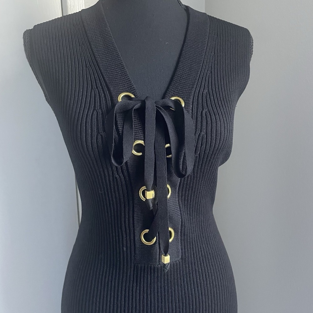 MICHAEL Michael Kors Sz L Black Ribbed Knit Lace-Up Sweater Dress Bodycon - Picture 5 of 11